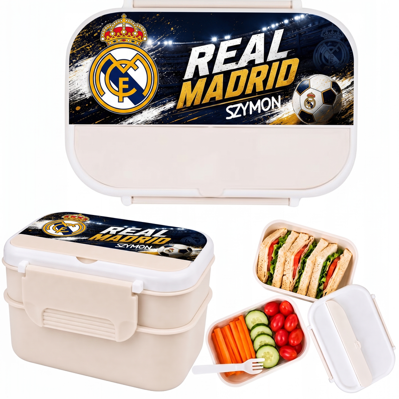 Personalizowany pojemnik na lunch Real Madryt z imieniem – dwupoziomowa śniadaniówka 1200 ml
