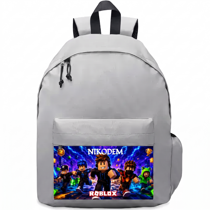 Personalizowany szary plecak Roblox z imieniem – plecak szkolny dla gracza