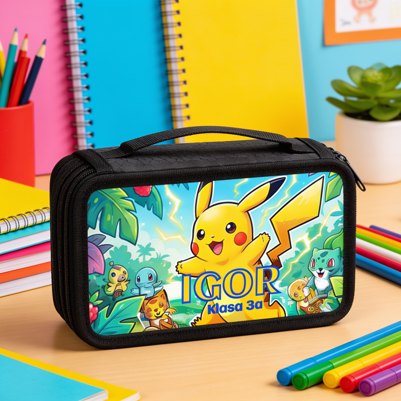 Personalizowany piórnik czterokomorowy Pokémon z imieniem – piórnik dla fana Pikachu