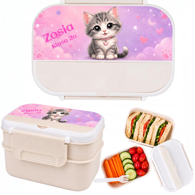 Personalizowany pojemnik na lunch z kotkiem, imieniem i klasą – dwupoziomowa śniadaniówka 1200 ml