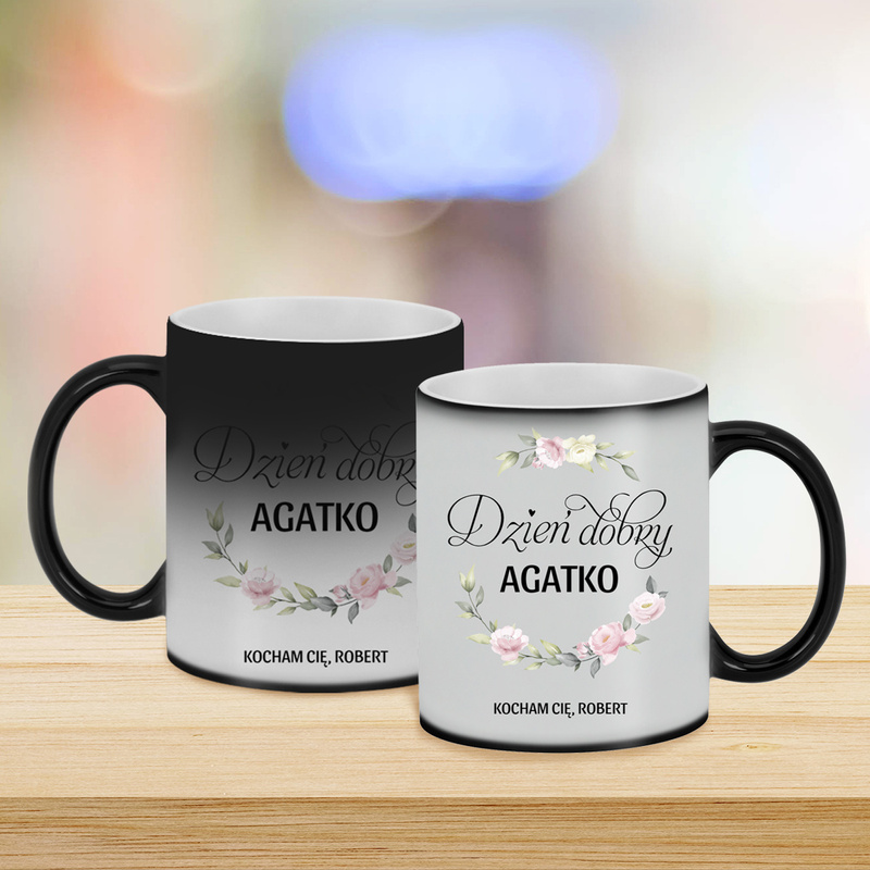 Kubek z imieniem / Magiczny kubek / Dzień dobry, kocham Cię / 330 ml / Prezent dla kawosza / Błyszczący